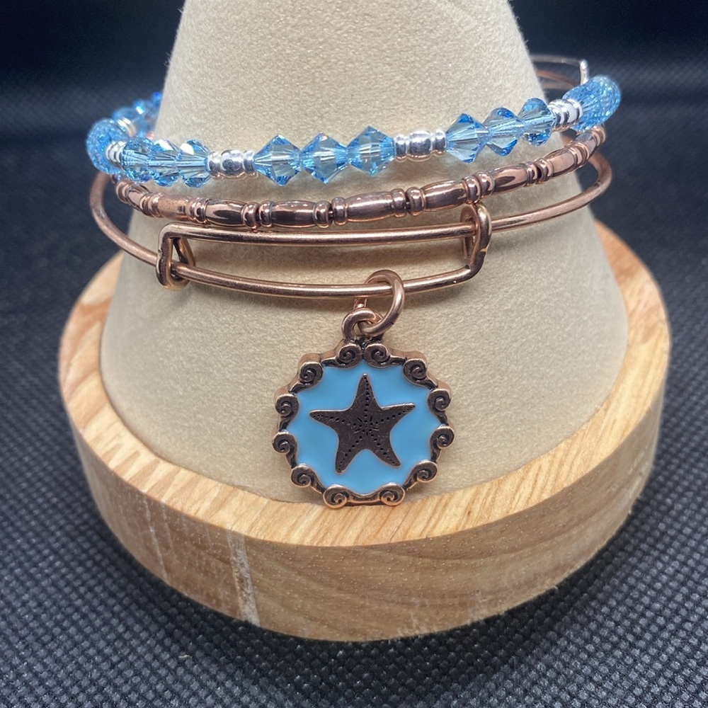 Alex and Ani Set of 3 Starfish Charm Bangle Bracelet/Crystal & RG Beaded/GC